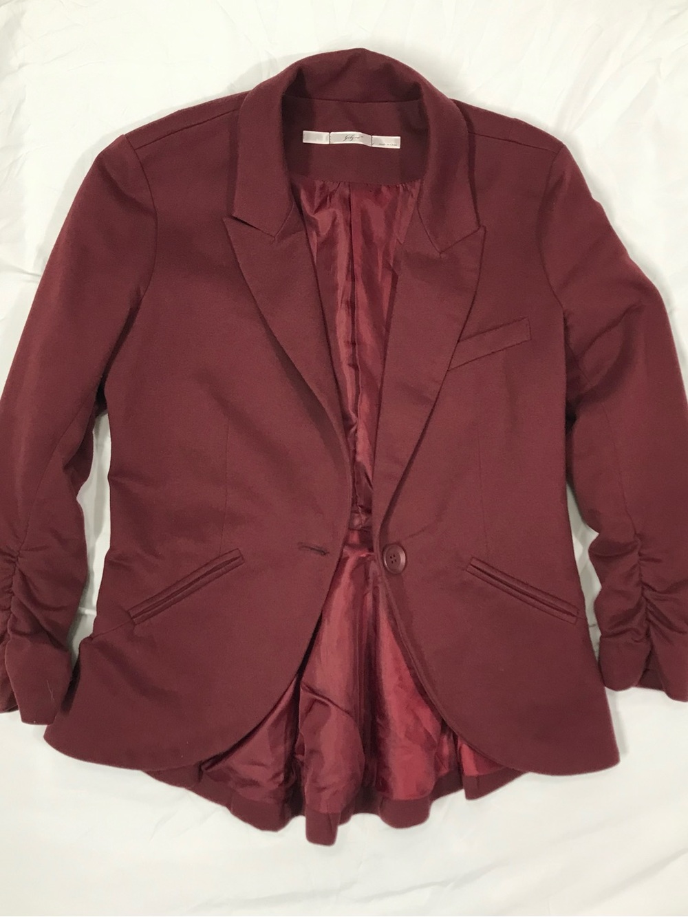 Gibson Burgundy‎ Ruched Sleeve Blazer Small Cotton Polyester Notch Lapel